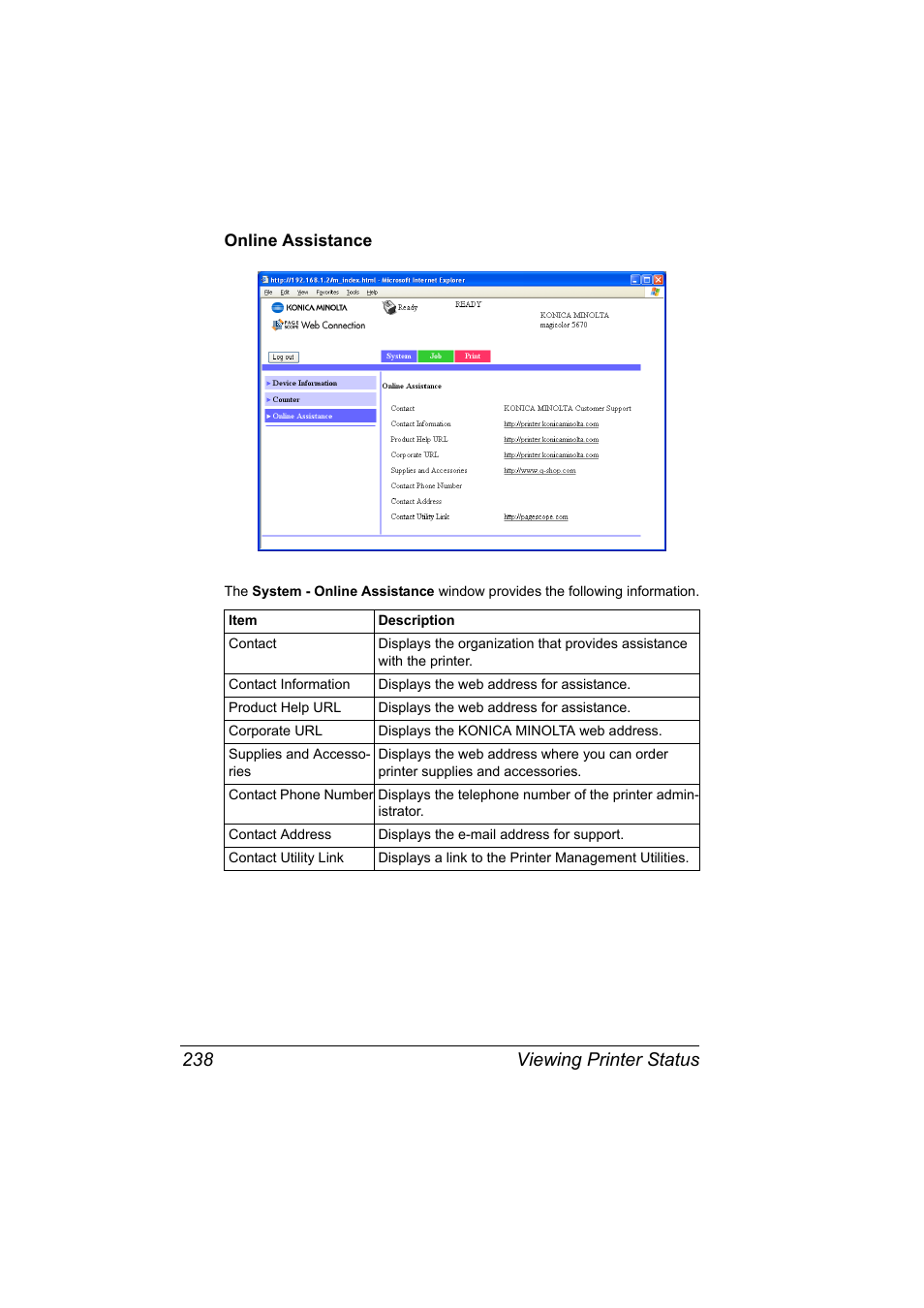 Online assistance, Online assistance 238, Viewing printer status 238 | Konica Minolta magicolor 5650 User Manual | Page 258 / 430