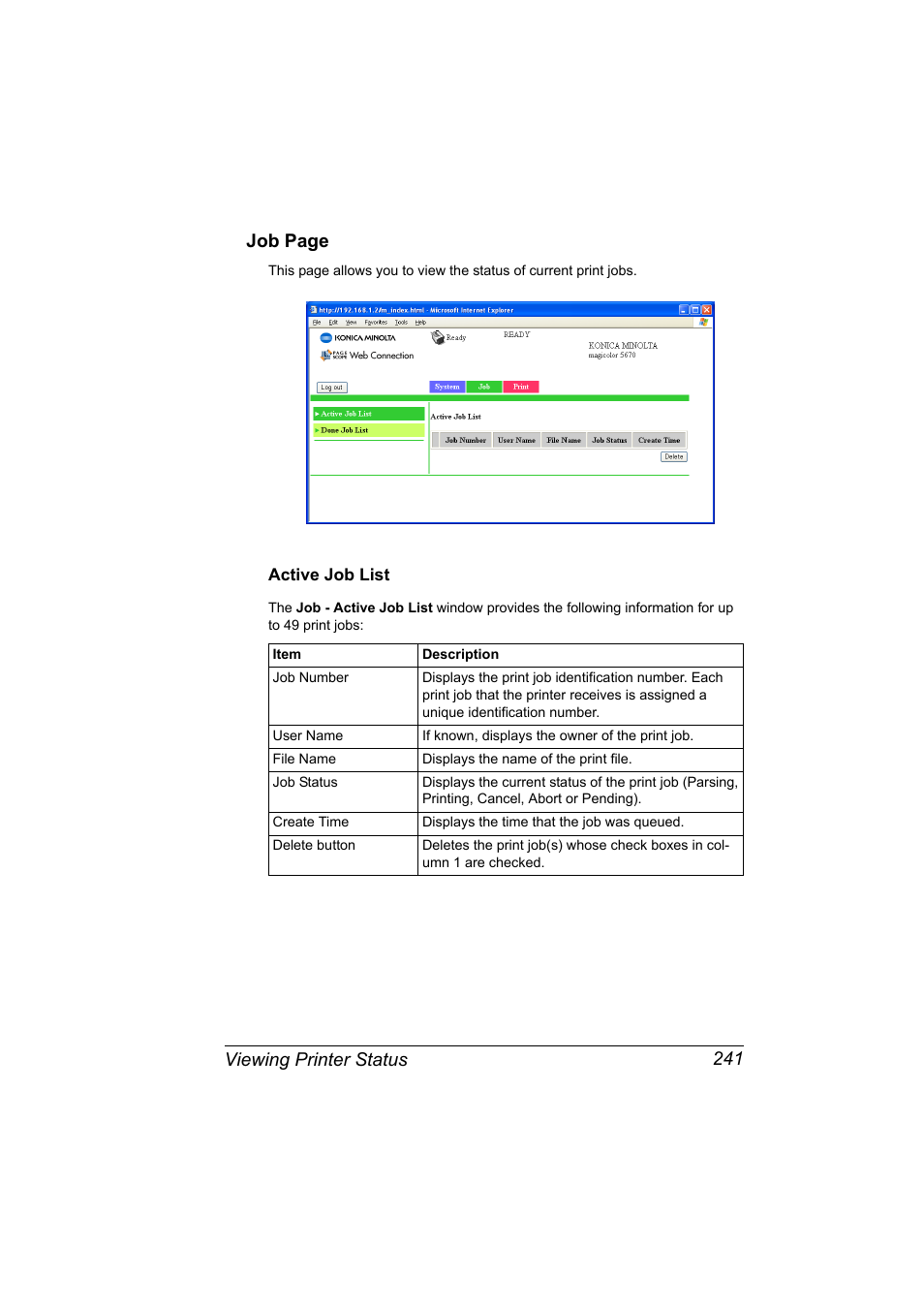 Active job list, Active job list 241, Viewing printer status 241 job page | Konica Minolta magicolor 5650 User Manual | Page 261 / 430