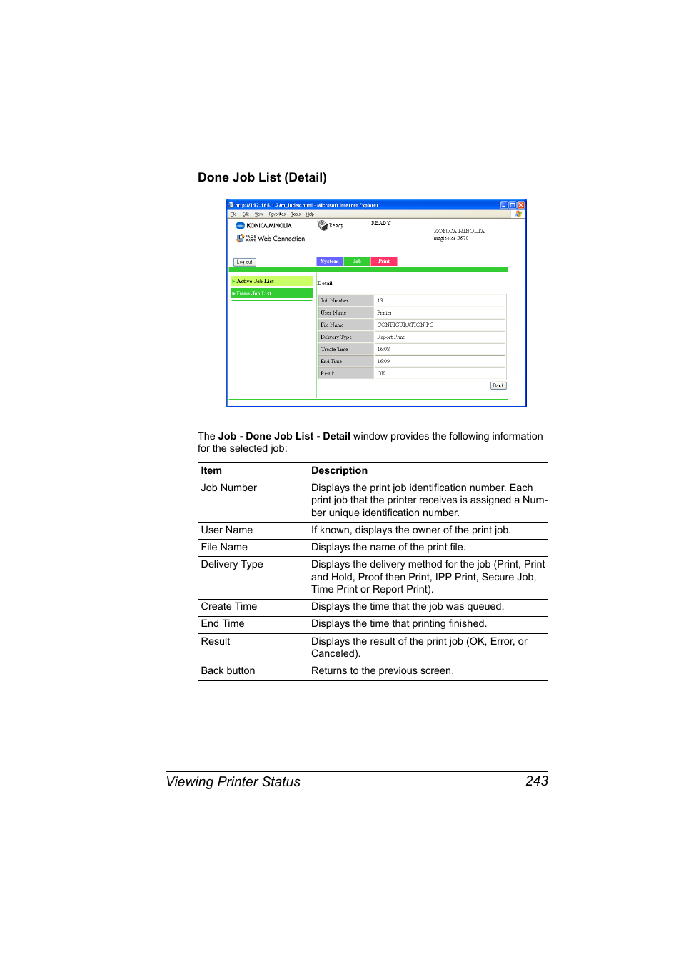 Done job list (detail), Done job list (detail) 243, Viewing printer status 243 | Konica Minolta magicolor 5650 User Manual | Page 263 / 430