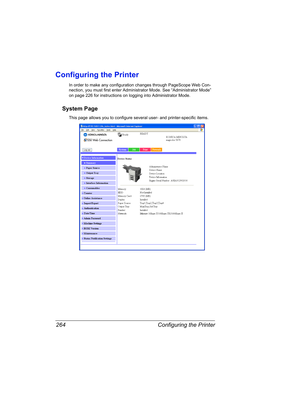Configuring the printer, Configuring the printer 264 | Konica Minolta magicolor 5650 User Manual | Page 284 / 430