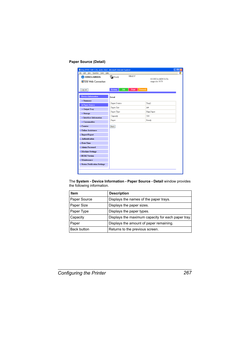 Configuring the printer 267 | Konica Minolta magicolor 5650 User Manual | Page 287 / 430