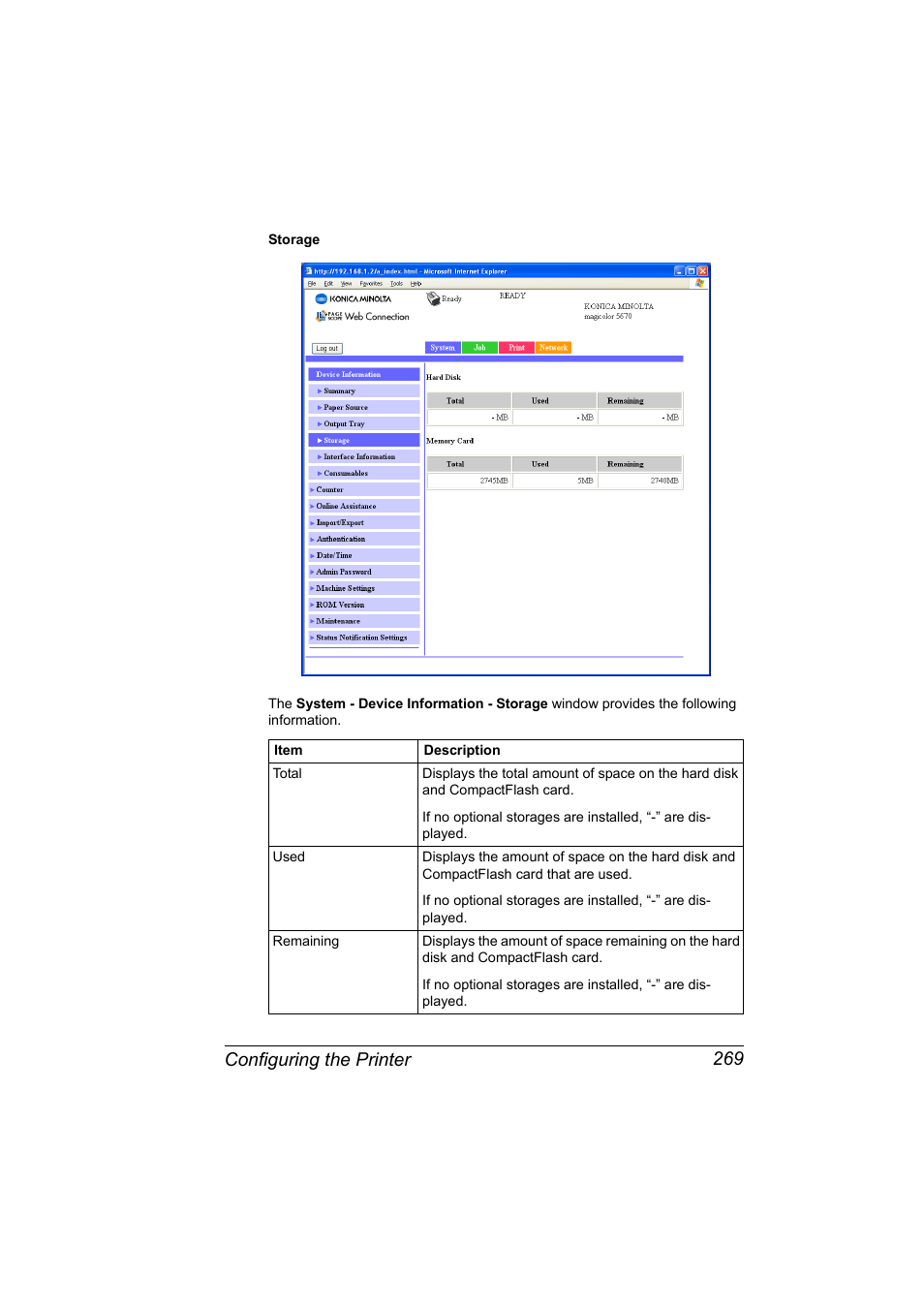 Configuring the printer 269 | Konica Minolta magicolor 5650 User Manual | Page 289 / 430