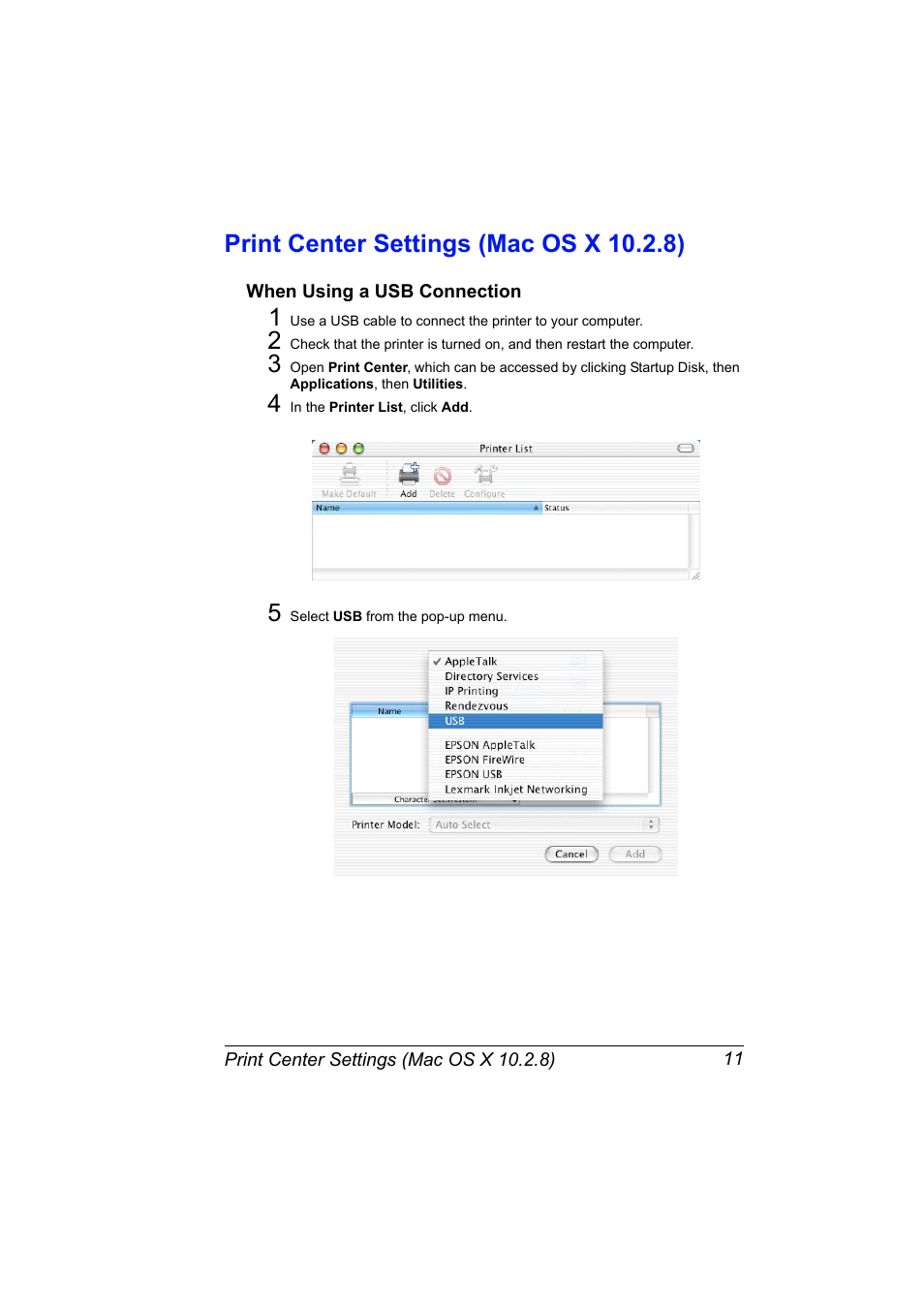 Print center settings (mac os x 10.2.8), When using a usb connection, Print center settings (mac os x 10.2.8) 11 | When using a usb connection 11 | Konica Minolta magicolor 5650 User Manual | Page 31 / 430
