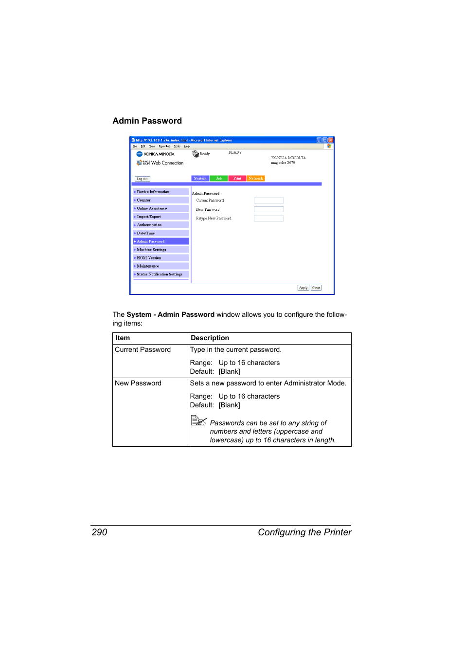 Admin password, Admin password 290 | Konica Minolta magicolor 5650 User Manual | Page 310 / 430