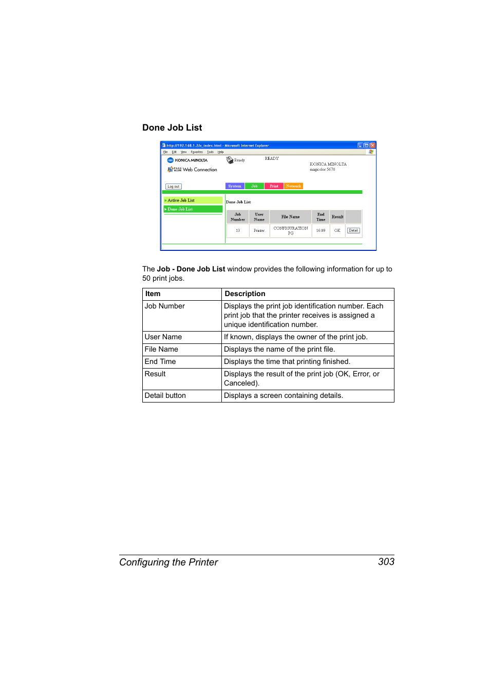 Done job list, Done job list 303, Configuring the printer 303 | Konica Minolta magicolor 5650 User Manual | Page 323 / 430