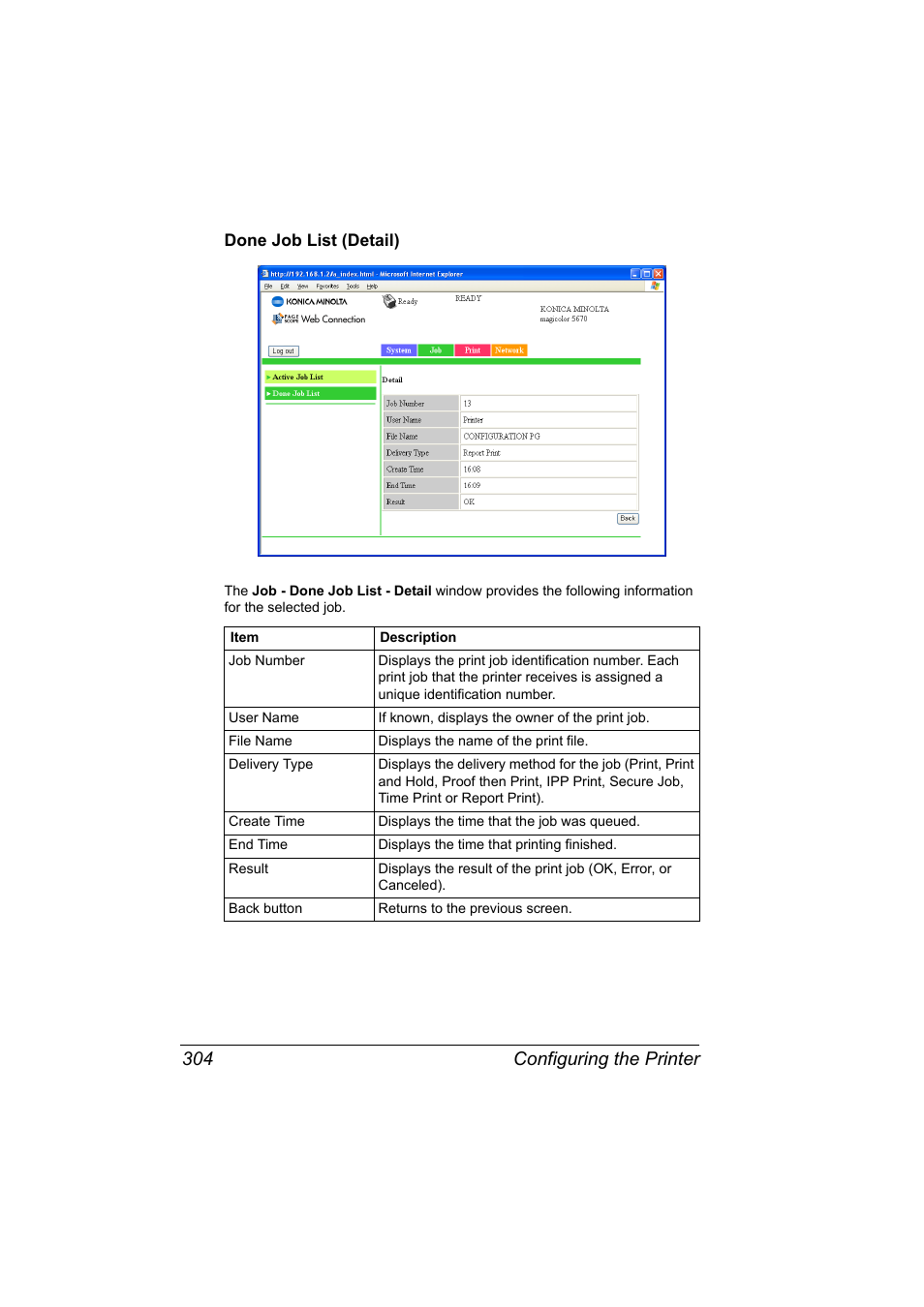 Done job list (detail), Done job list (detail) 304, Configuring the printer 304 | Konica Minolta magicolor 5650 User Manual | Page 324 / 430