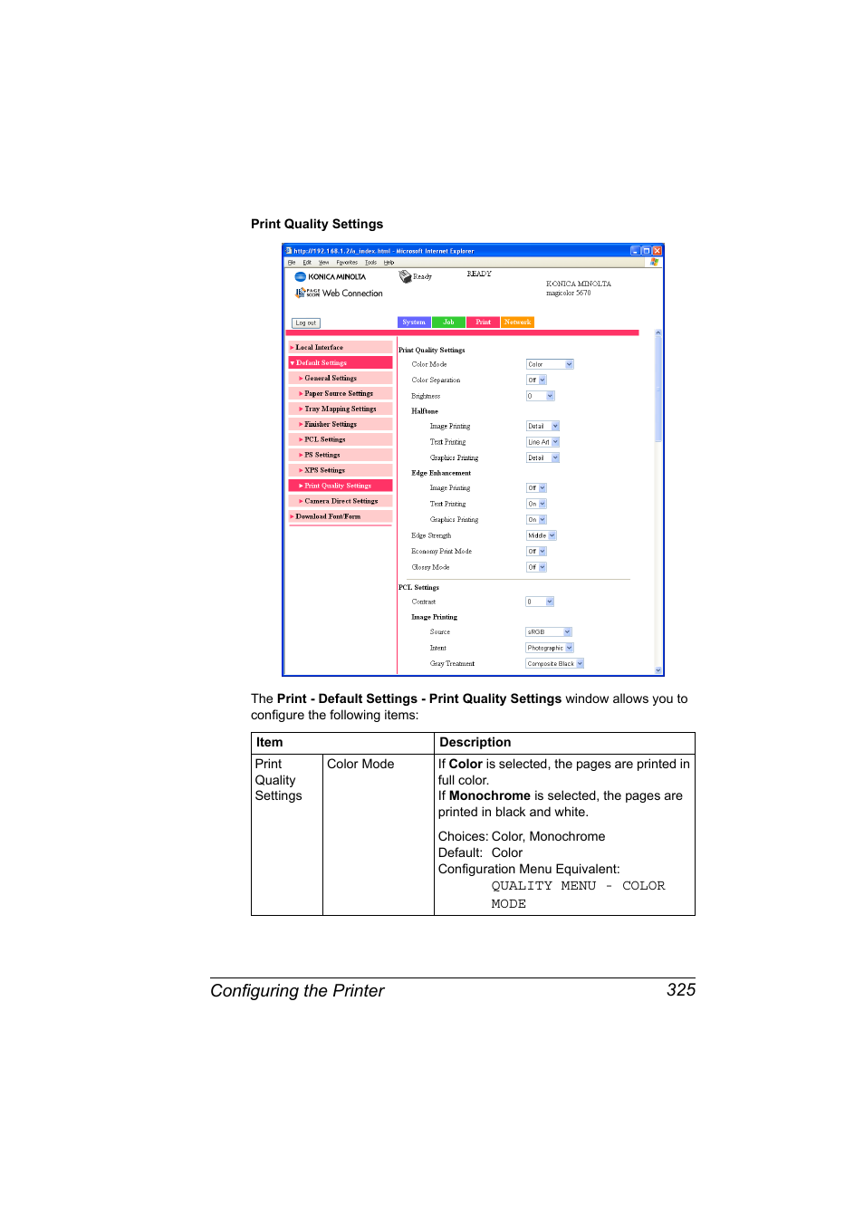 Configuring the printer 325 | Konica Minolta magicolor 5650 User Manual | Page 345 / 430