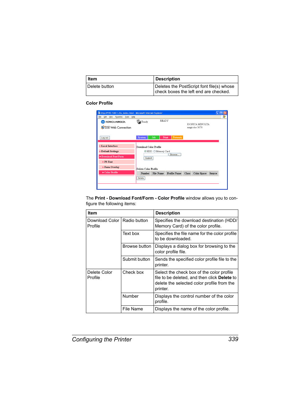 Configuring the printer 339 | Konica Minolta magicolor 5650 User Manual | Page 359 / 430