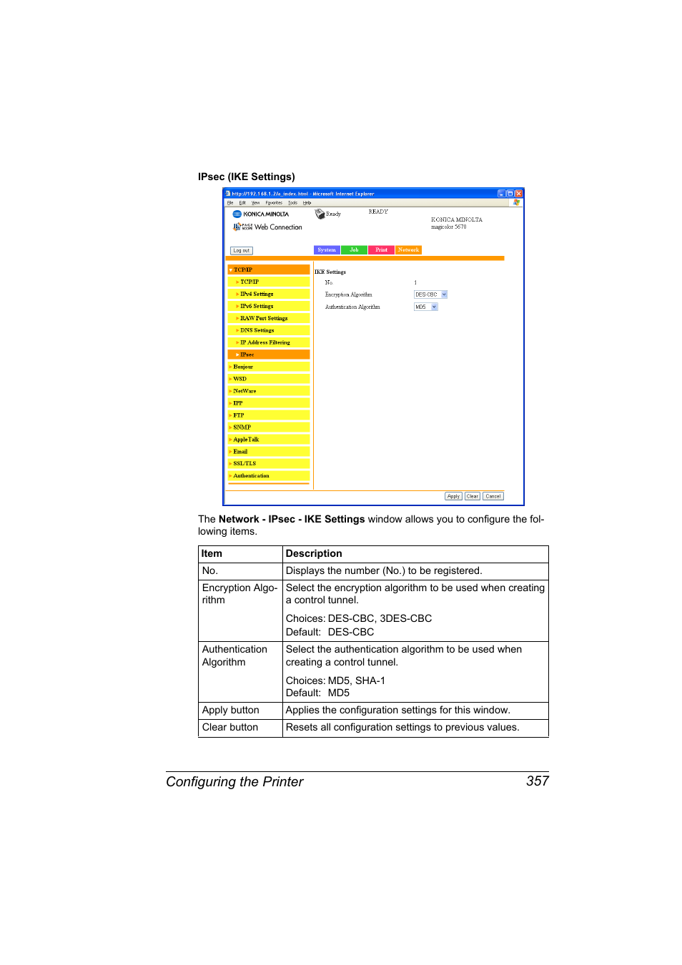 Configuring the printer 357 | Konica Minolta magicolor 5650 User Manual | Page 377 / 430