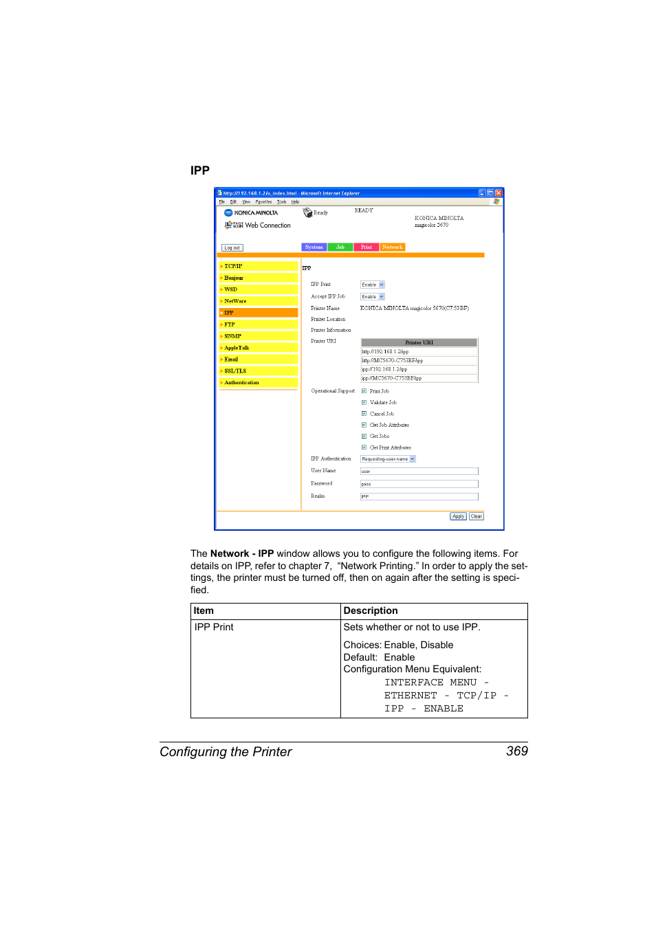 Ipp 369, Configuring the printer 369 | Konica Minolta magicolor 5650 User Manual | Page 389 / 430