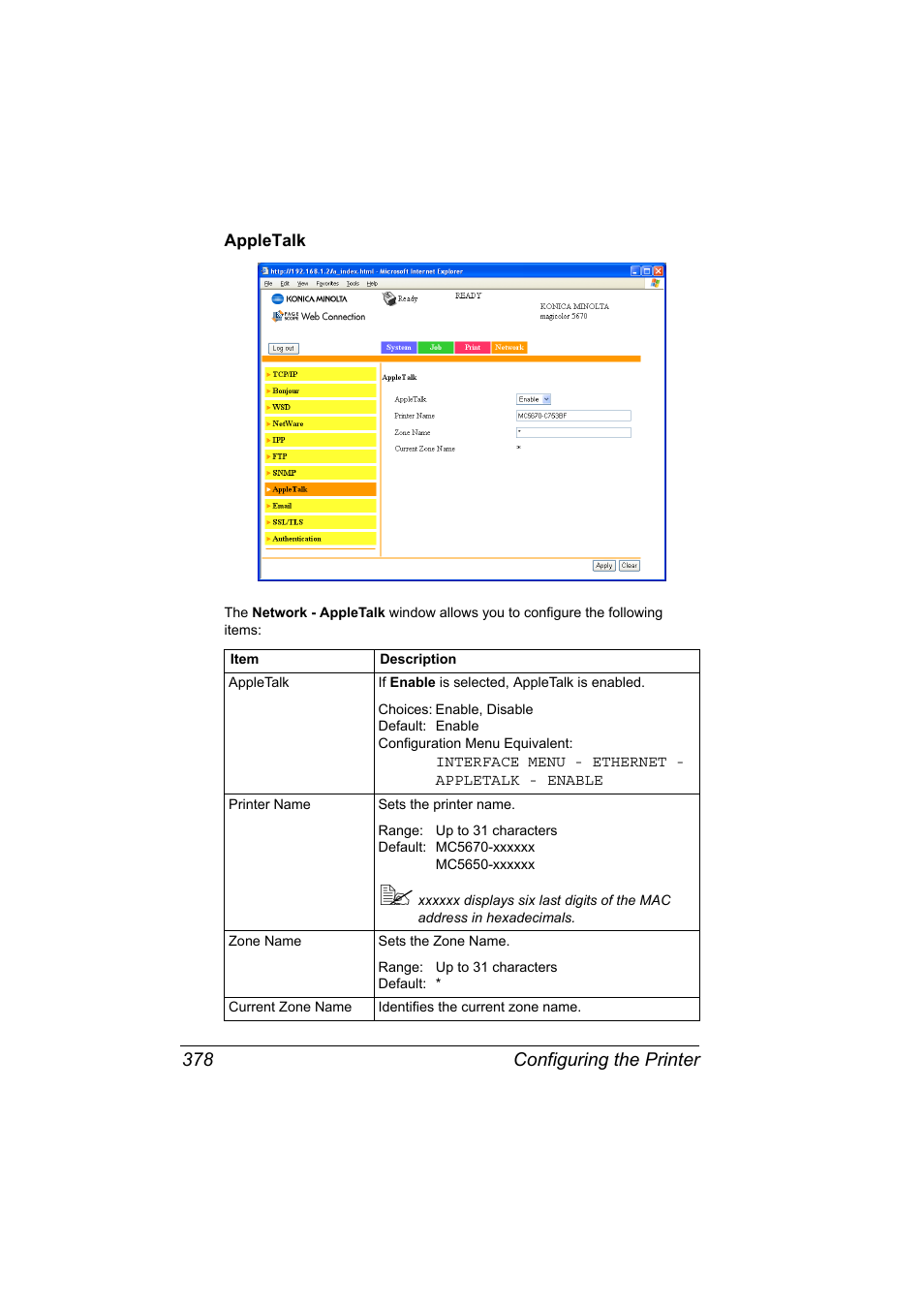 Appletalk, Appletalk 378, Configuring the printer 378 | Konica Minolta magicolor 5650 User Manual | Page 398 / 430