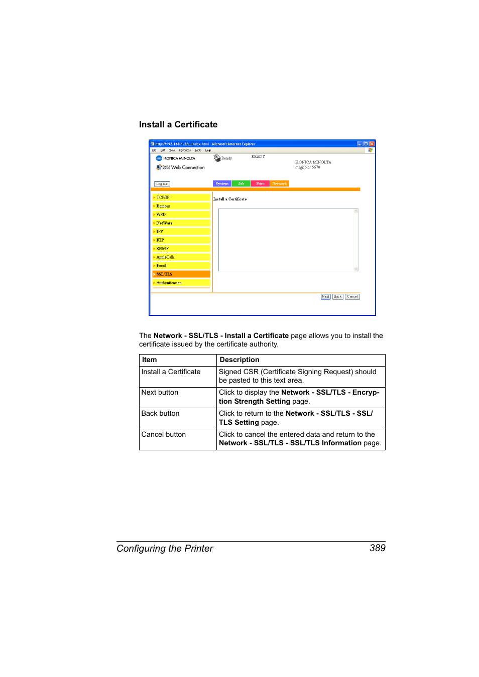Install a certificate, Install a certificate 389, Configuring the printer 389 | Konica Minolta magicolor 5650 User Manual | Page 409 / 430