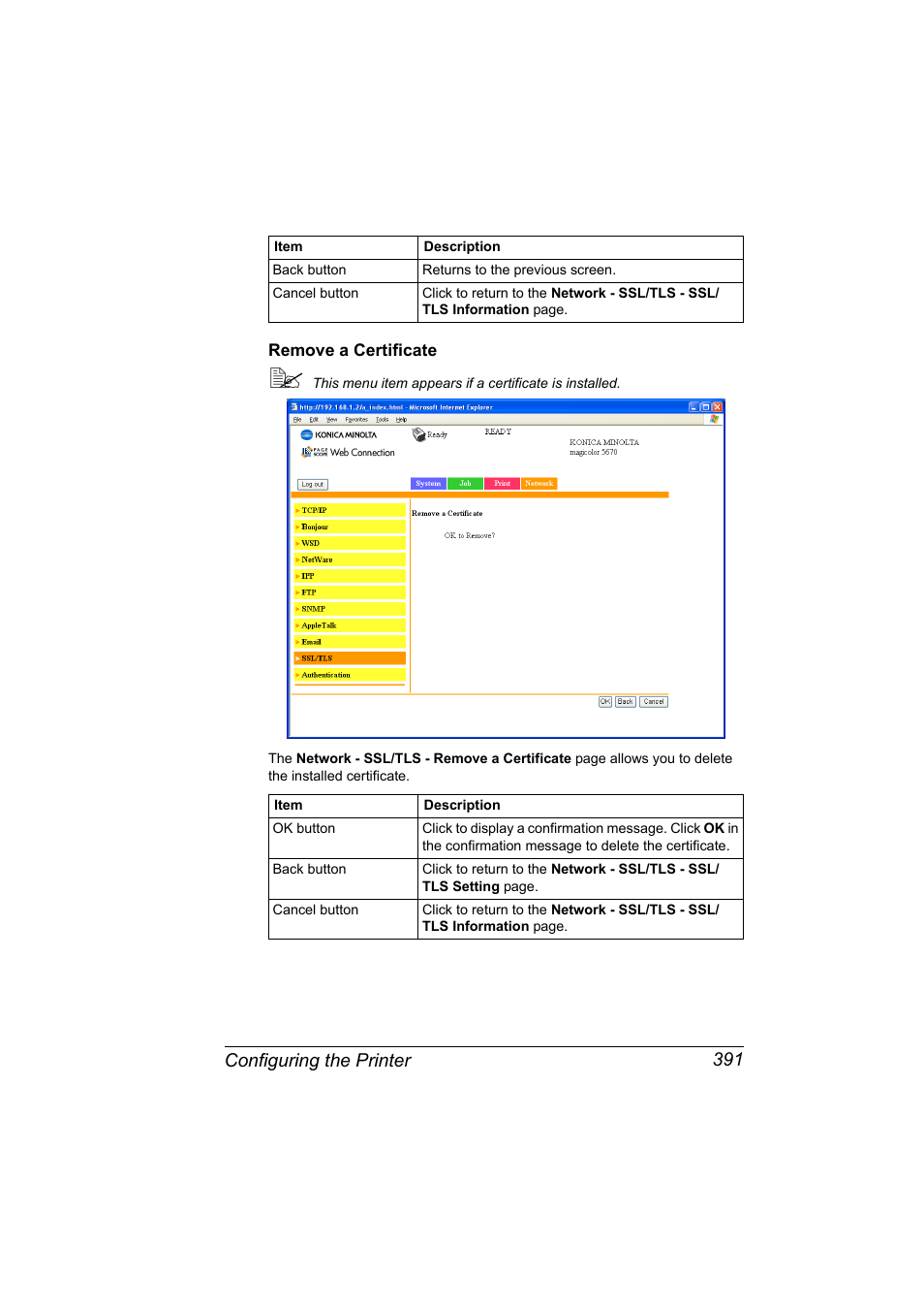 Remove a certificate, Remove a certificate 391, Configuring the printer 391 | Konica Minolta magicolor 5650 User Manual | Page 411 / 430