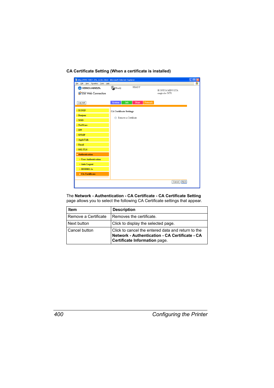 Configuring the printer 400 | Konica Minolta magicolor 5650 User Manual | Page 420 / 430