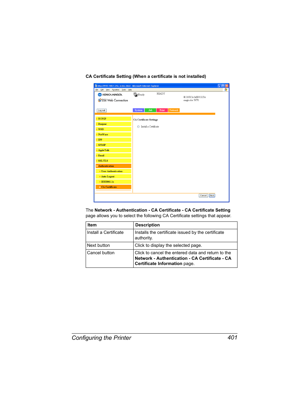 Configuring the printer 401 | Konica Minolta magicolor 5650 User Manual | Page 421 / 430