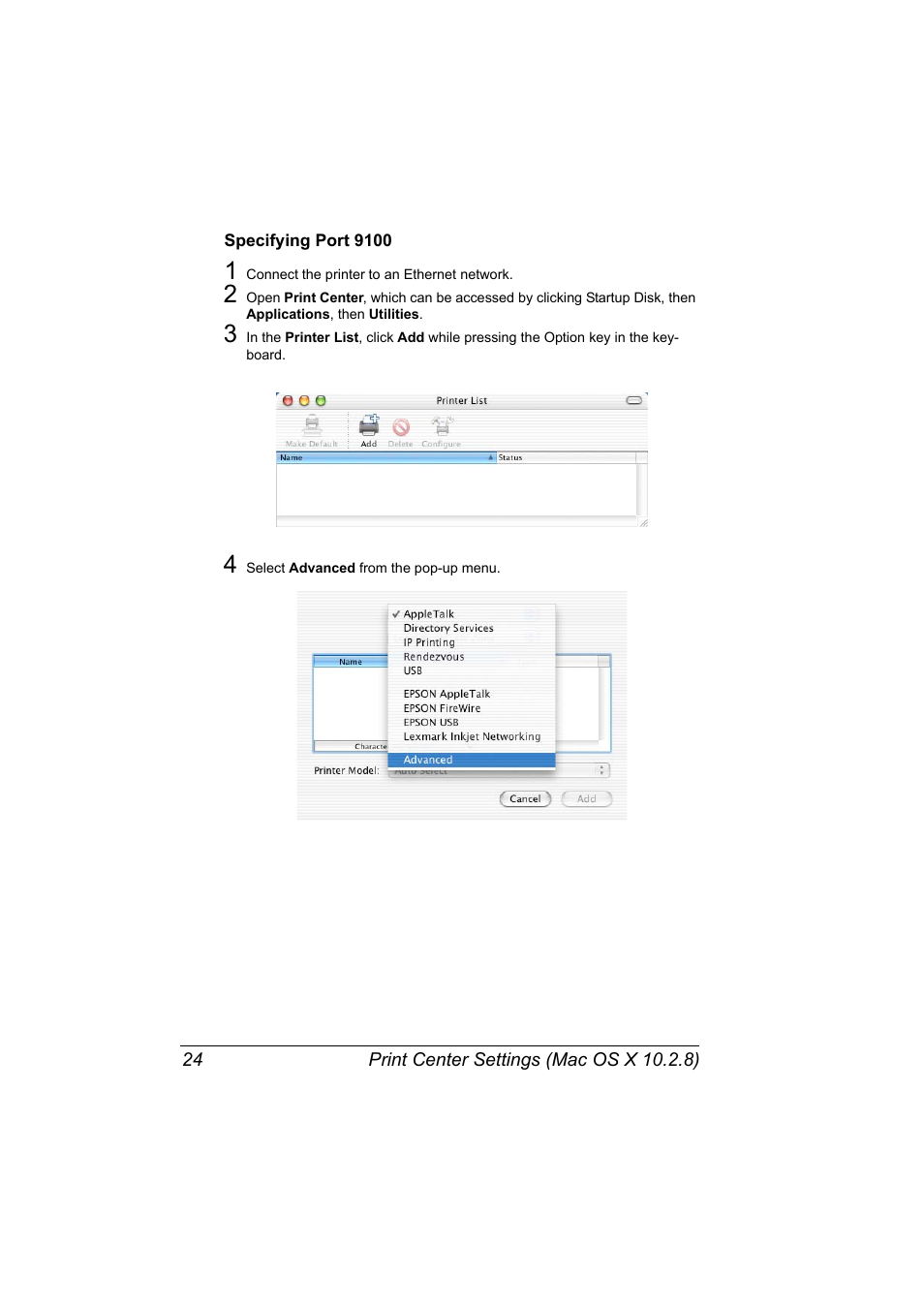 Specifying port 9100, Specifying port 9100 24 | Konica Minolta magicolor 5650 User Manual | Page 44 / 430