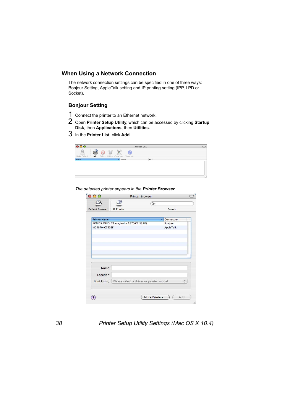 When using a network connection, Bonjour setting, When using a network connection 38 | Bonjour setting 38 | Konica Minolta magicolor 5650 User Manual | Page 58 / 430