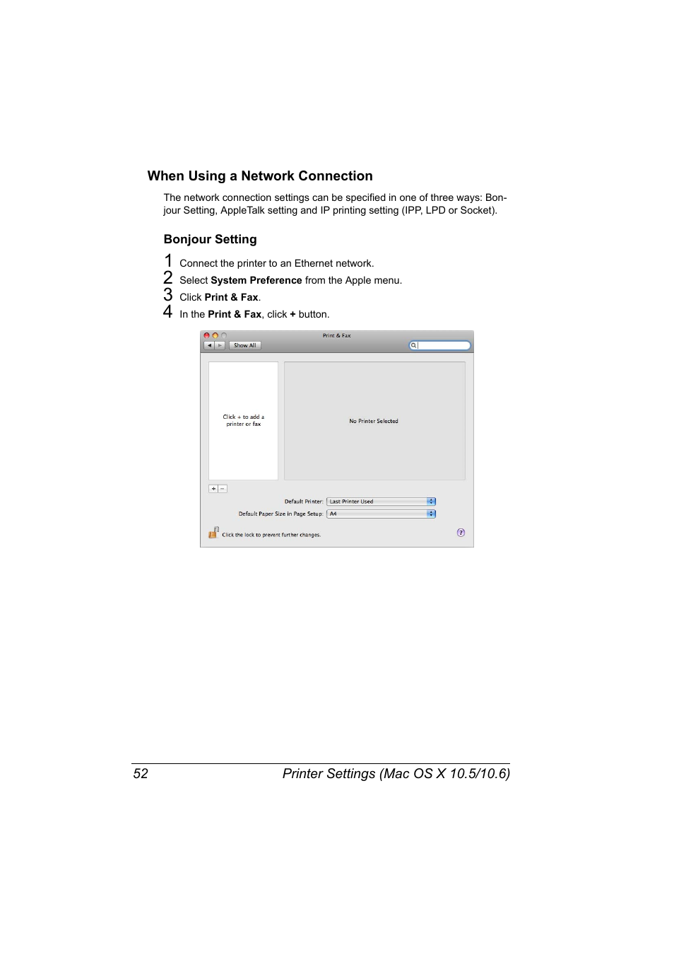 When using a network connection, Bonjour setting, When using a network connection 52 | Bonjour setting 52 | Konica Minolta magicolor 5650 User Manual | Page 72 / 430