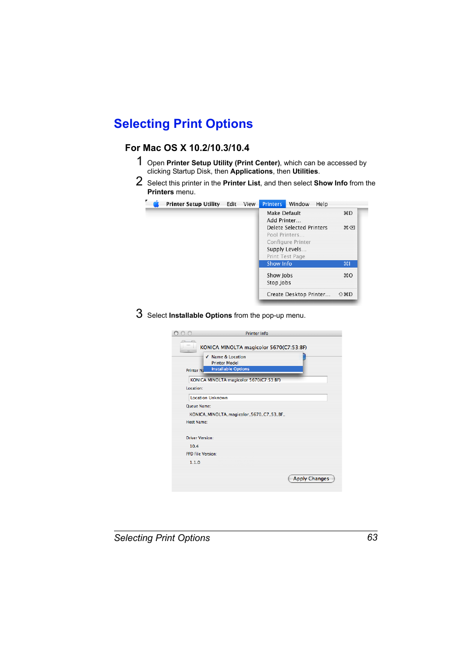 Selecting print options, For mac os x 10.2/10.3/10.4, Selecting print options 63 | For mac os x 10.2/10.3/10.4 63 | Konica Minolta magicolor 5650 User Manual | Page 83 / 430