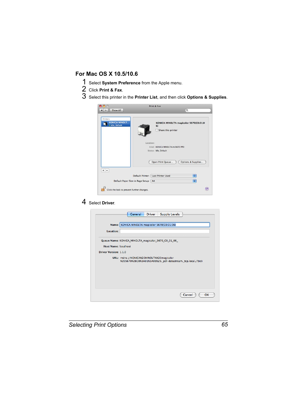 For mac os x 10.5/10.6, For mac os x 10.5/10.6 65 | Konica Minolta magicolor 5650 User Manual | Page 85 / 430