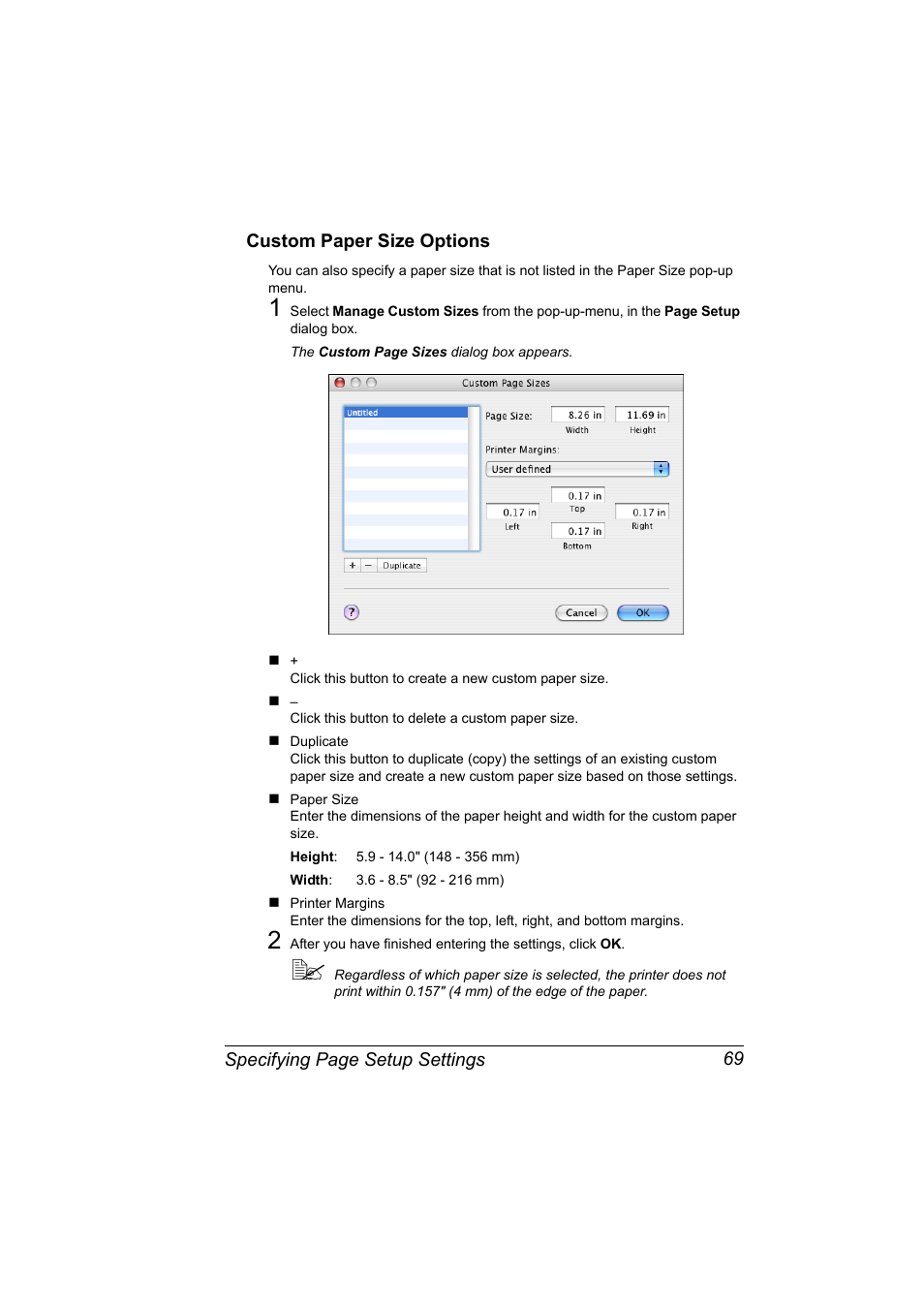 Custom paper size options, Custom paper size options 69 | Konica Minolta magicolor 5650 User Manual | Page 89 / 430