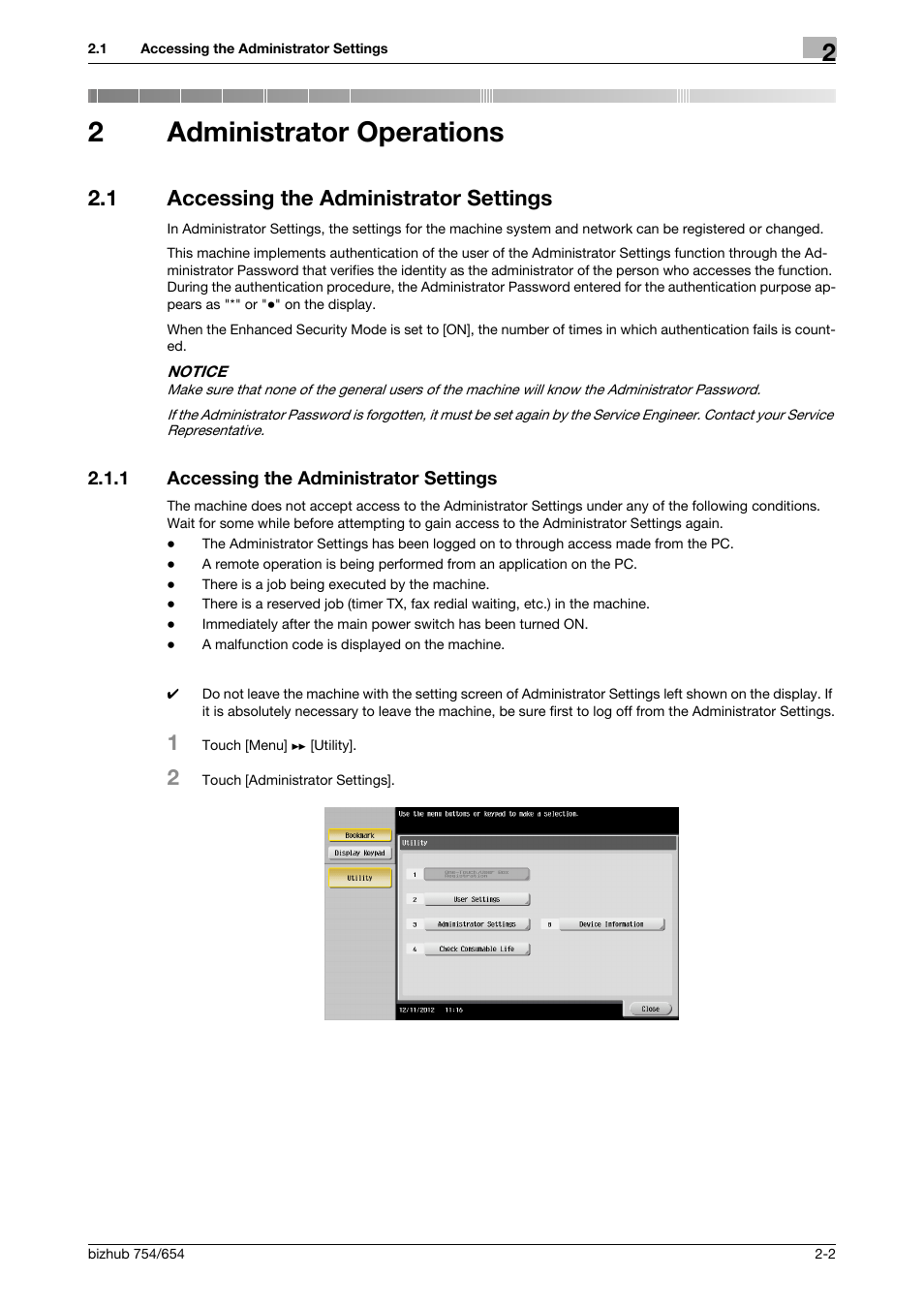 2 administrator operations, 1 accessing the administrator settings, Administrator operations | Accessing the administrator settings -2, 2administrator operations | Konica Minolta bizhub 754 User Manual | Page 14 / 59
