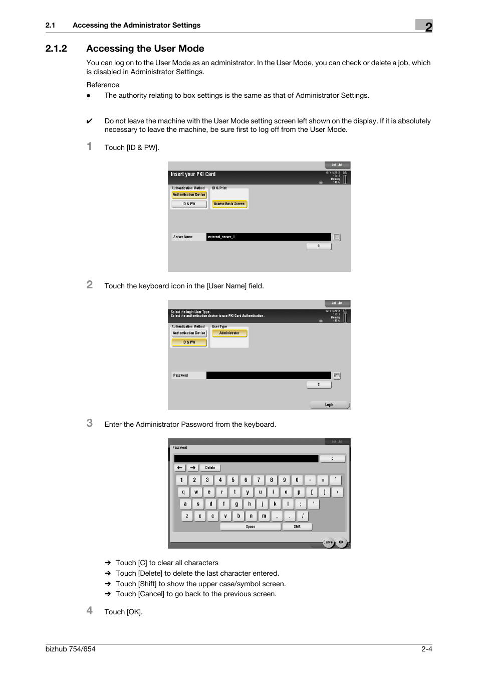 2 accessing the user mode, Accessing the user mode -4 | Konica Minolta bizhub 754 User Manual | Page 16 / 59