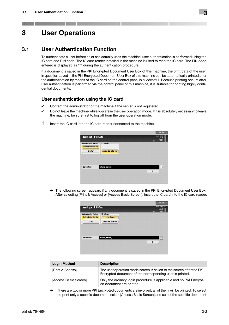 3 user operations, 1 user authentication function, User authentication using the ic card | User operations, 3user operations | Konica Minolta bizhub 754 User Manual | Page 53 / 59