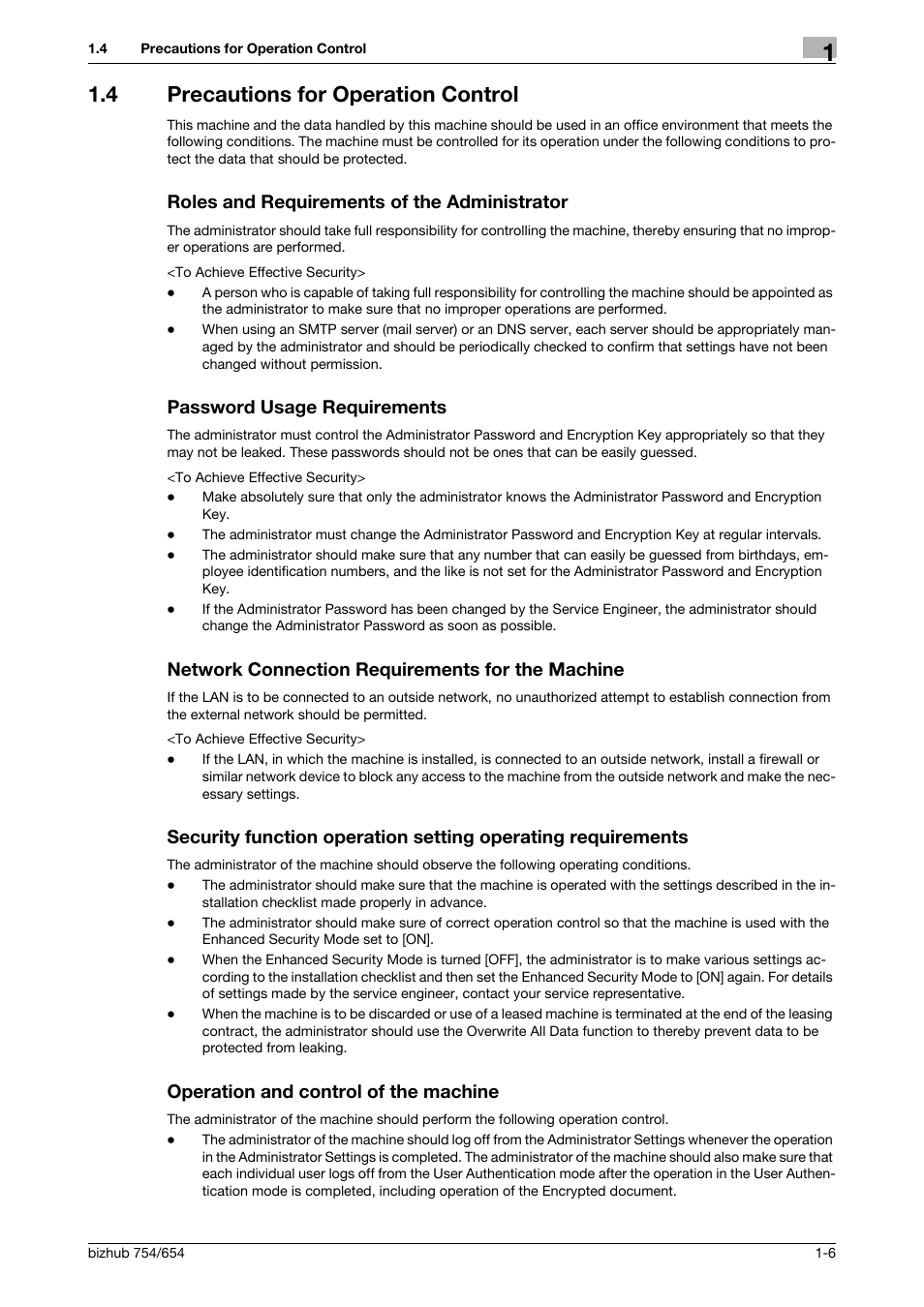 4 precautions for operation control, Roles and requirements of the administrator, Password usage requirements | Network connection requirements for the machine, Operation and control of the machine | Konica Minolta bizhub 754 User Manual | Page 9 / 59