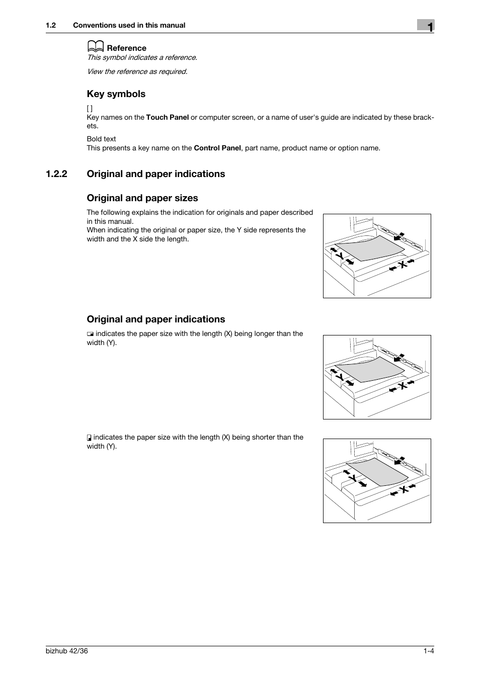 Key symbols, 2 original and paper indications, Original and paper sizes | Original and paper indications, Key symbols -4 | Konica Minolta bizhub 42 User Manual | Page 10 / 158