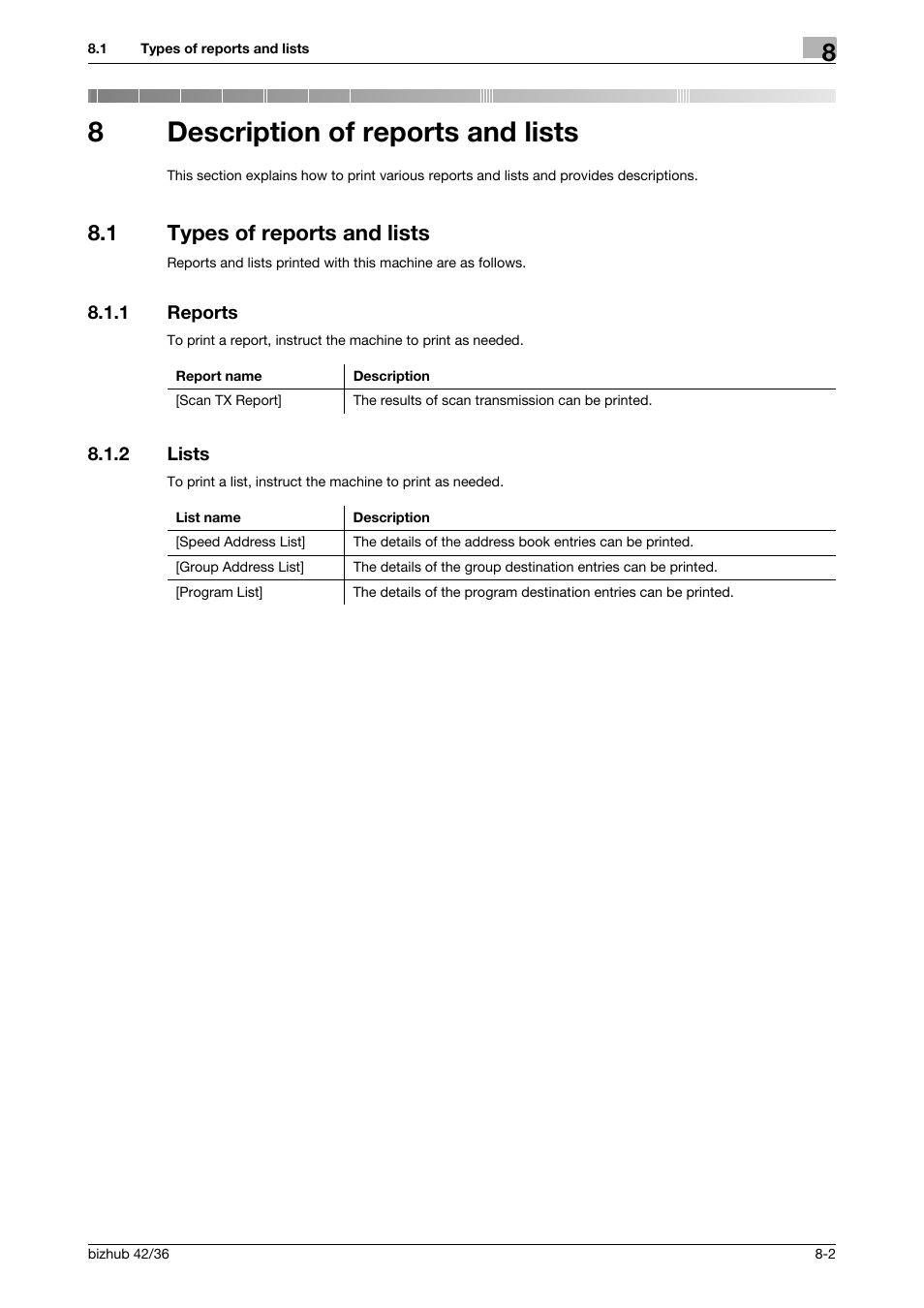 8 description of reports and lists, 1 types of reports and lists, 1 reports | 2 lists, Description of reports and lists, Types of reports and lists -2, Reports -2, Lists -2, 8description of reports and lists | Konica Minolta bizhub 42 User Manual | Page 103 / 158