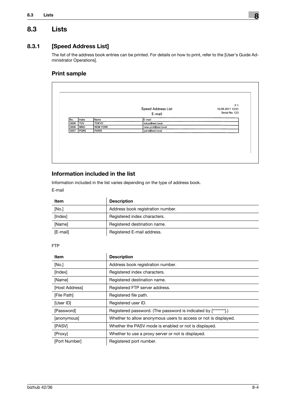 3 lists, 1 [speed address list, Print sample | Information included in the list, Lists -4, Print sample information included in the list | Konica Minolta bizhub 42 User Manual | Page 105 / 158