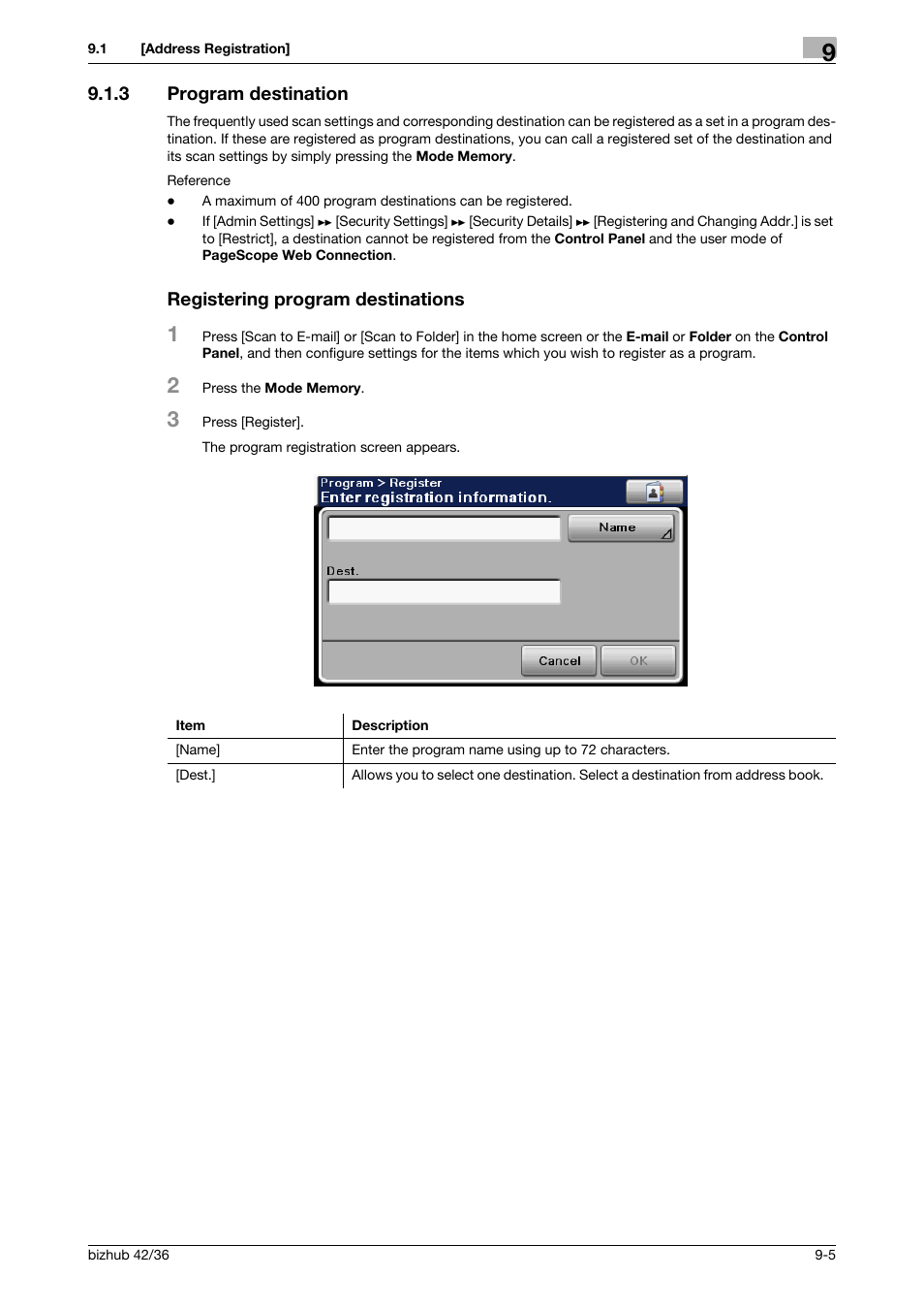 3 program destination, Registering program destinations | Konica Minolta bizhub 42 User Manual | Page 113 / 158