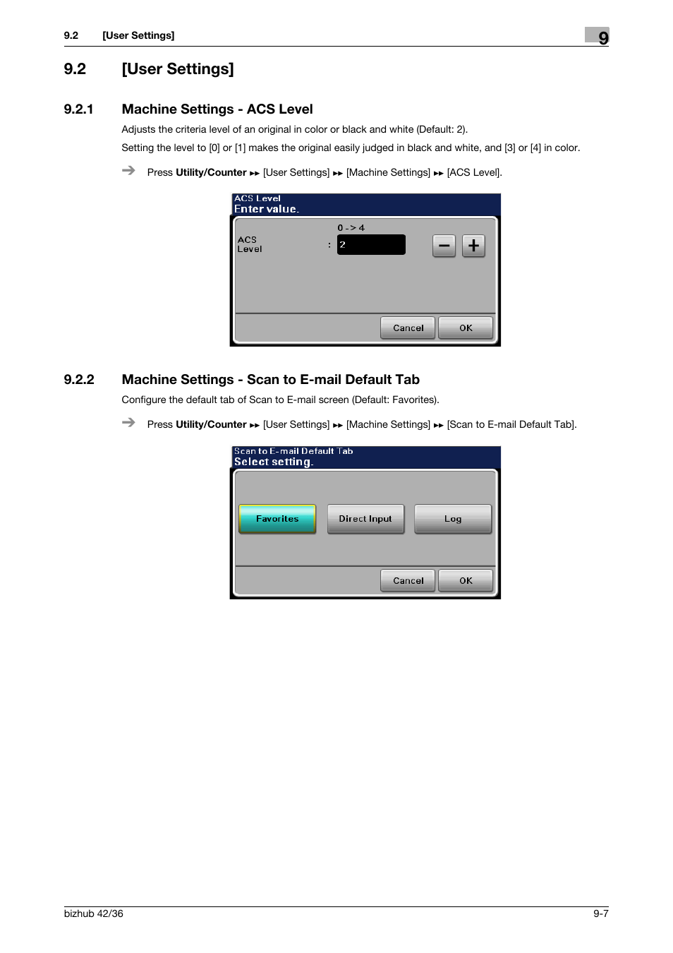 2 [user settings, 1 machine settings - acs level, 2 machine settings - scan to e-mail default tab | User settings] -7, Machine settings - acs level -7, Machine settings - scan to e-mail default tab -7 | Konica Minolta bizhub 42 User Manual | Page 115 / 158