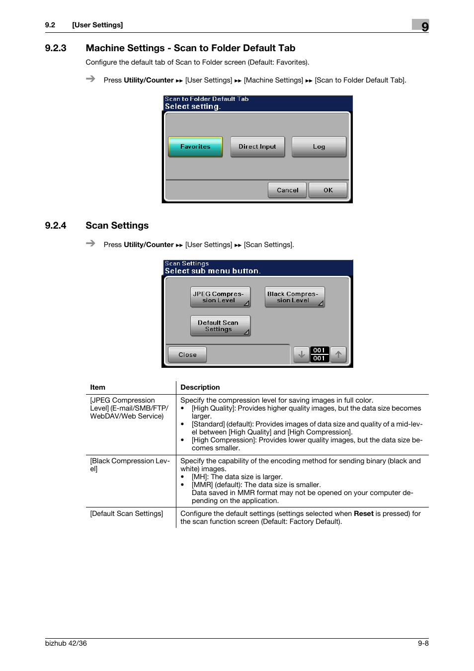 3 machine settings - scan to folder default tab, 4 scan settings, Machine settings - scan to folder default tab -8 | Scan settings -8 | Konica Minolta bizhub 42 User Manual | Page 116 / 158