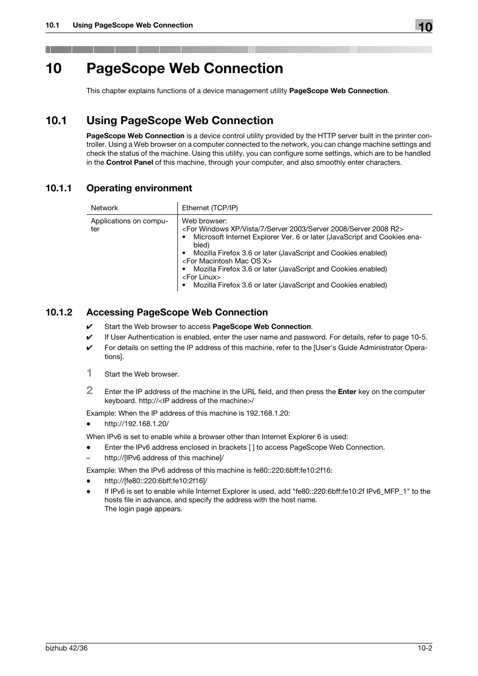 1 operating environment, Operating environment -2, 10 pagescope web connection | 1 using pagescope web connection | Konica Minolta bizhub 42 User Manual | Page 118 / 158