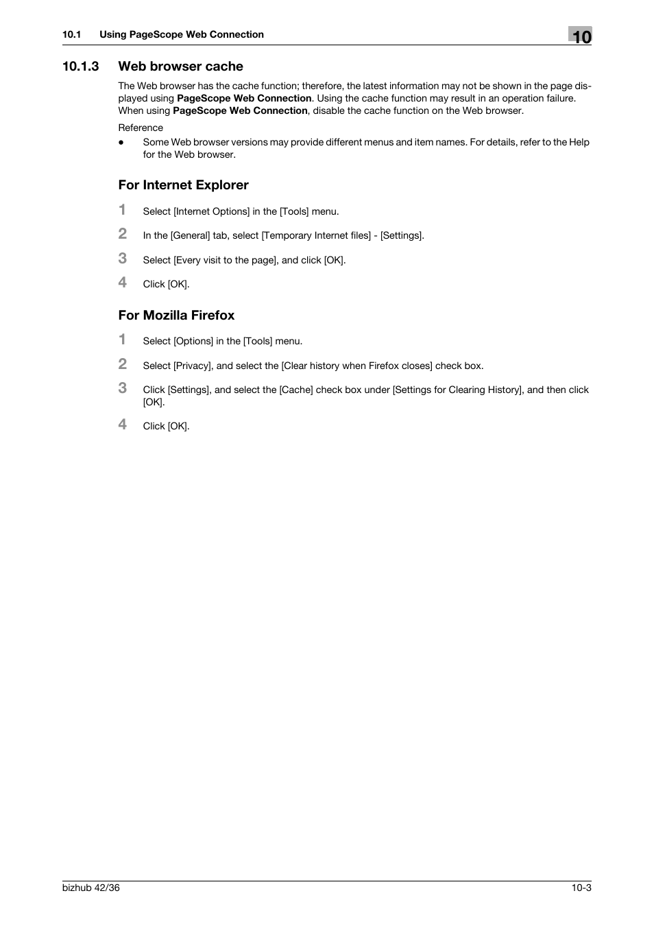 3 web browser cache, For internet explorer, For mozilla firefox | Konica Minolta bizhub 42 User Manual | Page 119 / 158