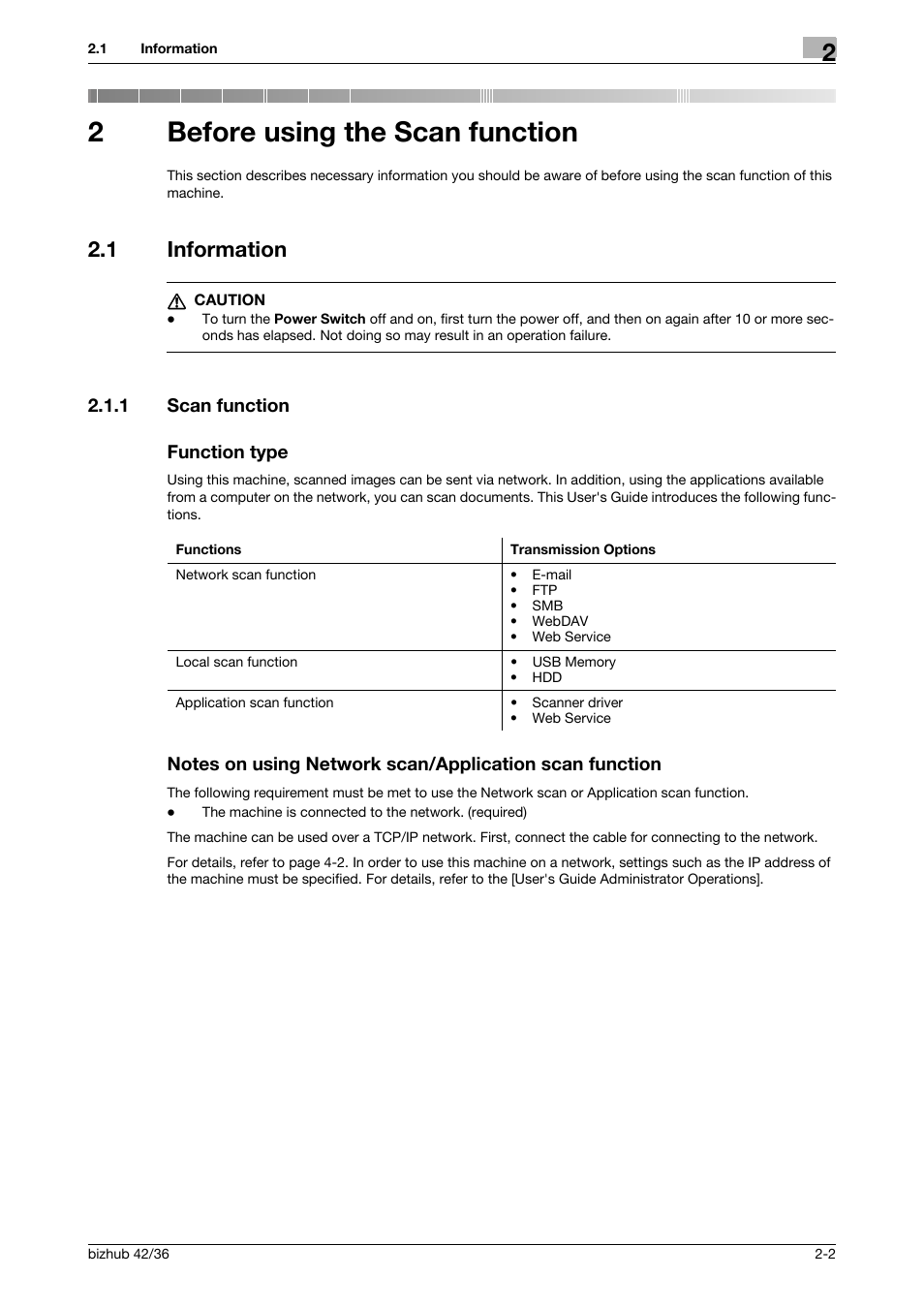 2 before using the scan function, 1 information, 1 scan function | Function type, Before using the scan function, Information -2, 2before using the scan function | Konica Minolta bizhub 42 User Manual | Page 12 / 158