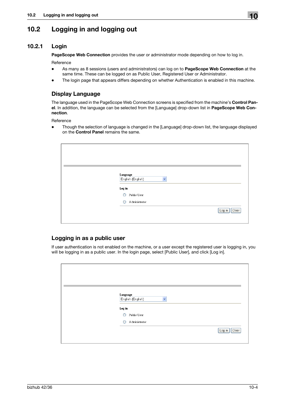 2 logging in and logging out, 1 login, Display language | Logging in as a public user, Logging in and logging out -4 | Konica Minolta bizhub 42 User Manual | Page 120 / 158