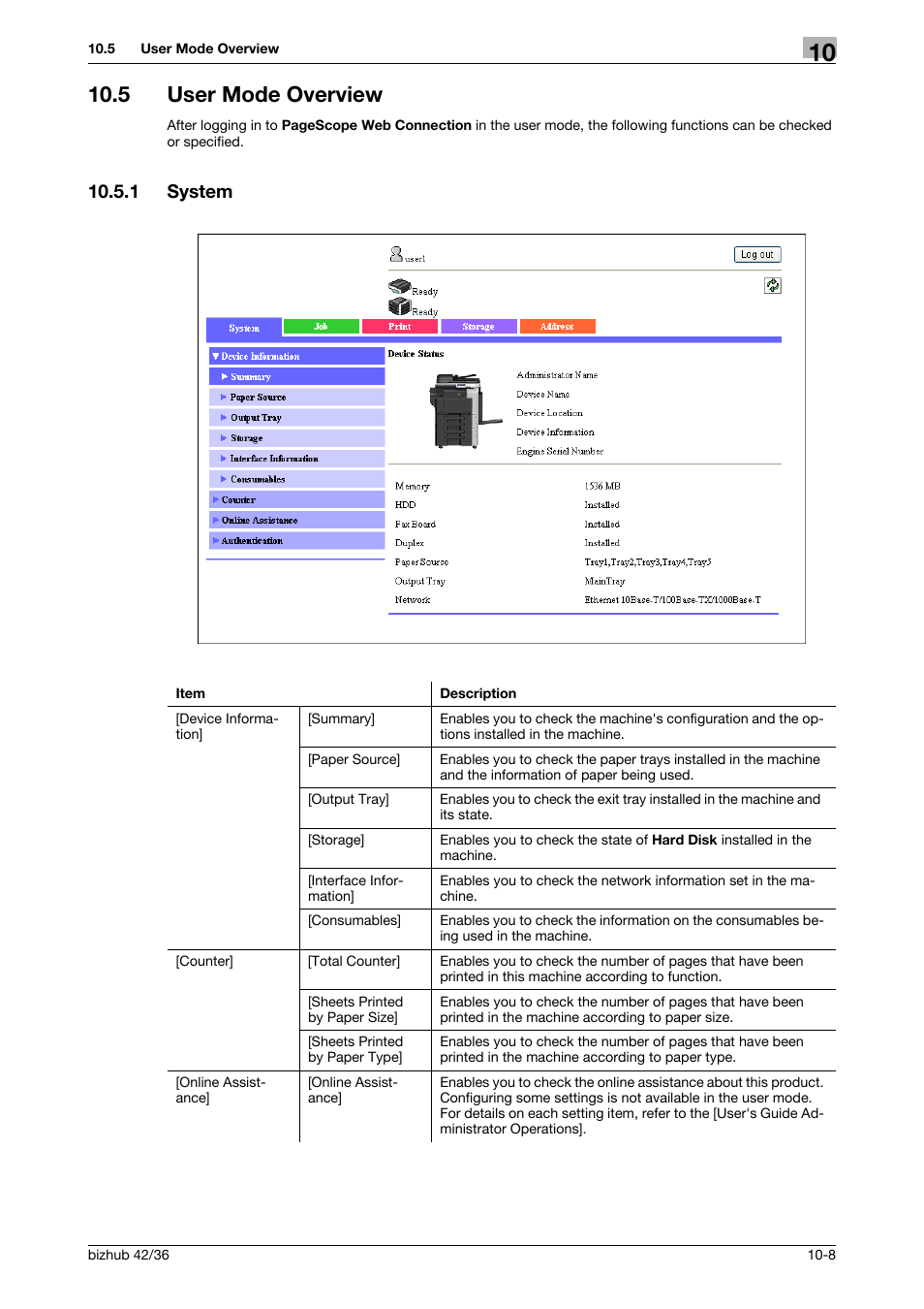 5 user mode overview, 1 system, User mode overview -8 | System -8 | Konica Minolta bizhub 42 User Manual | Page 124 / 158