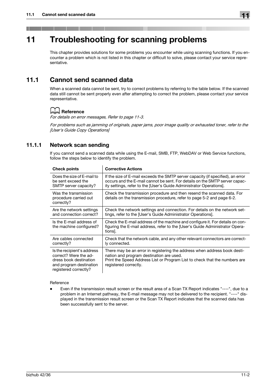 11 troubleshooting for scanning problems, 1 cannot send scanned data, 1 network scan sending | Troubleshooting for scanning problems, Cannot send scanned data -2, Network scan sending -2 | Konica Minolta bizhub 42 User Manual | Page 143 / 158