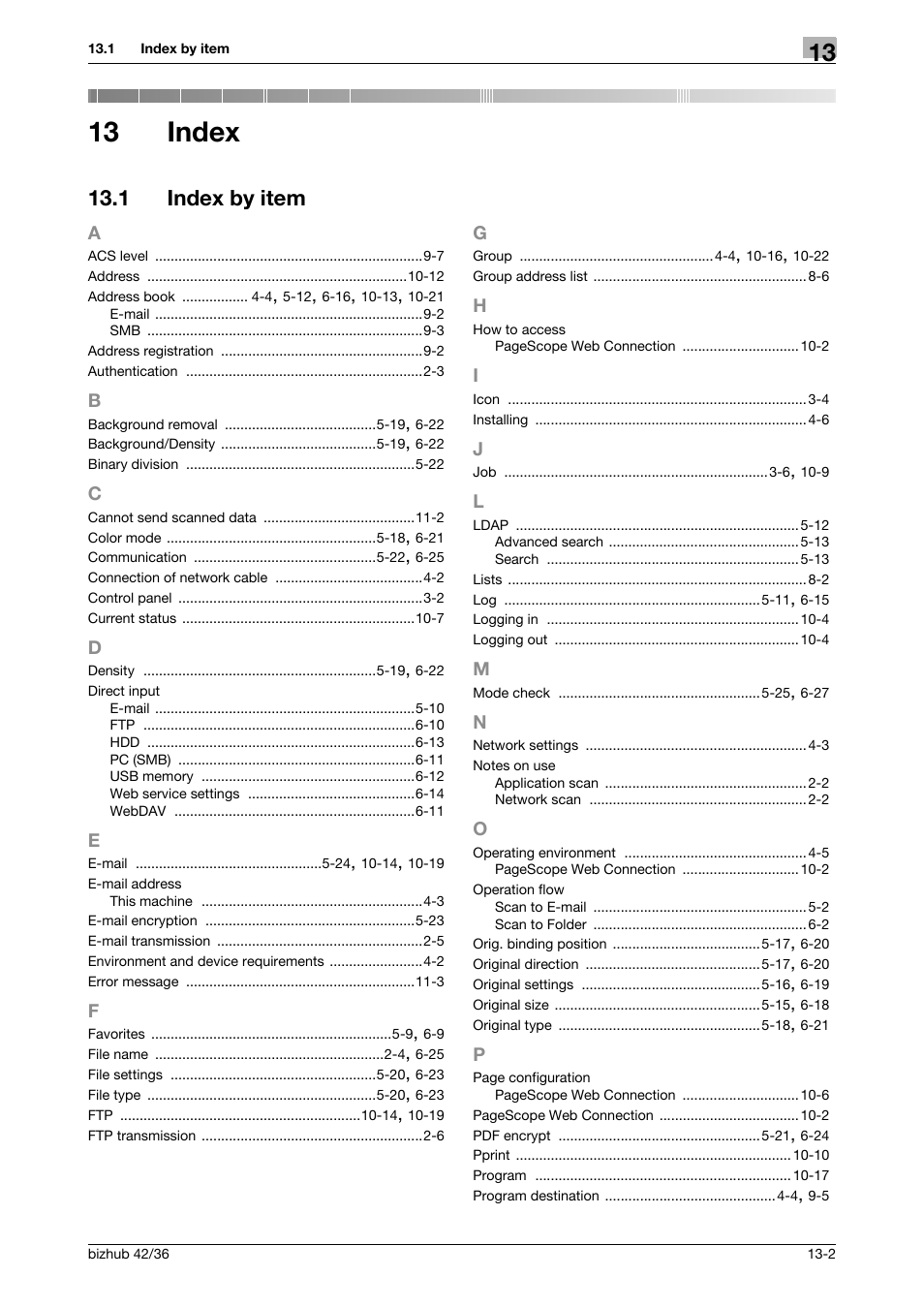 13 index, 1 index by item, Index | Index by item -2 | Konica Minolta bizhub 42 User Manual | Page 154 / 158