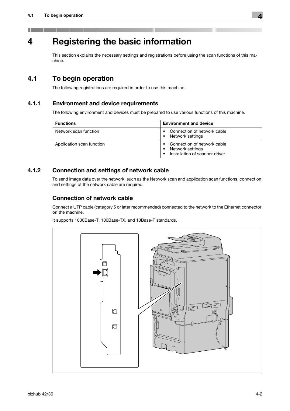 4 registering the basic information, 1 to begin operation, 1 environment and device requirements | 2 connection and settings of network cable, Connection of network cable, Registering the basic information, To begin operation -2, Environment and device requirements -2, 4registering the basic information | Konica Minolta bizhub 42 User Manual | Page 29 / 158