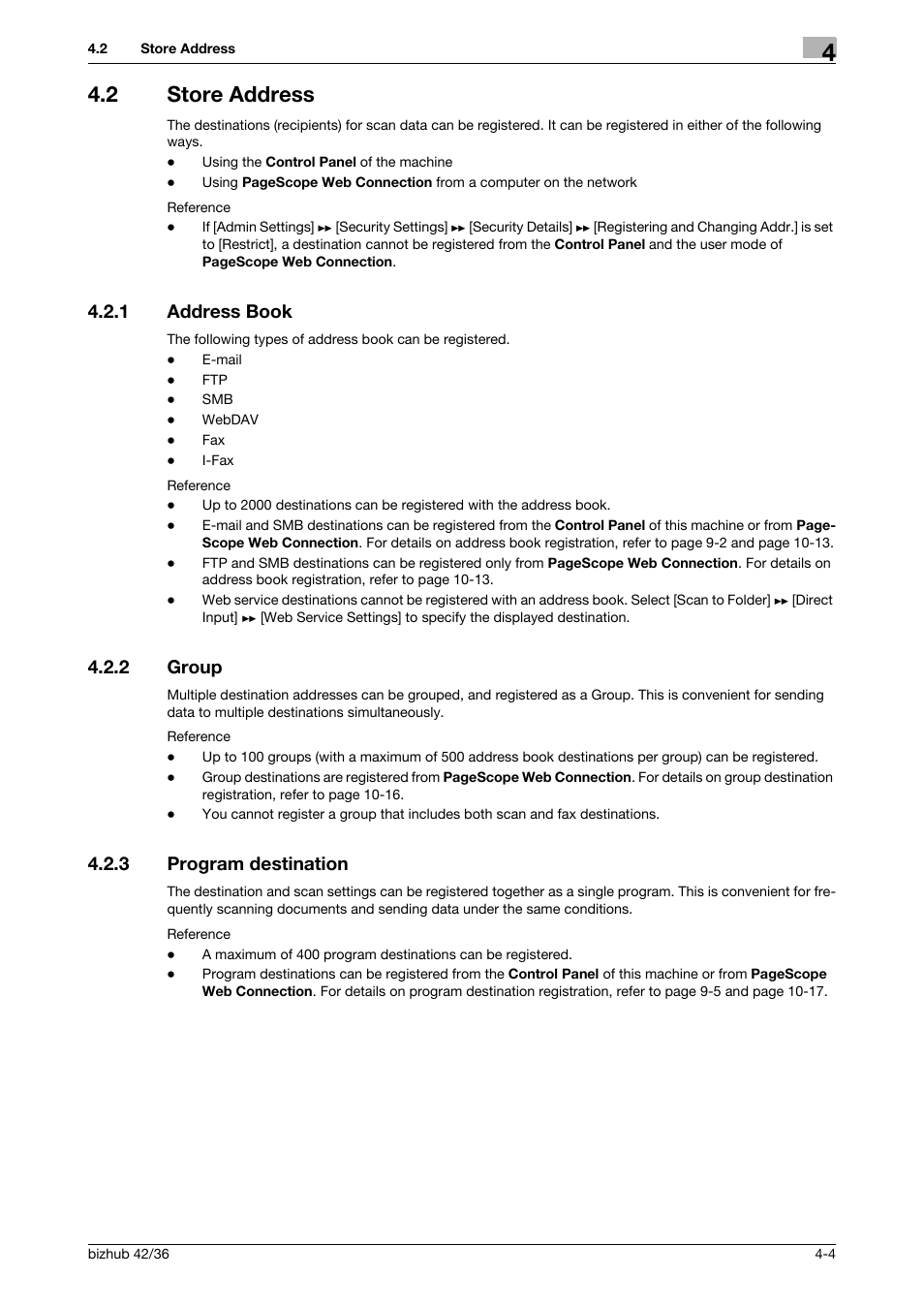 2 store address, 1 address book, 2 group | 3 program destination, Store address -4, Address book -4, Group -4, Program destination -4 | Konica Minolta bizhub 42 User Manual | Page 31 / 158