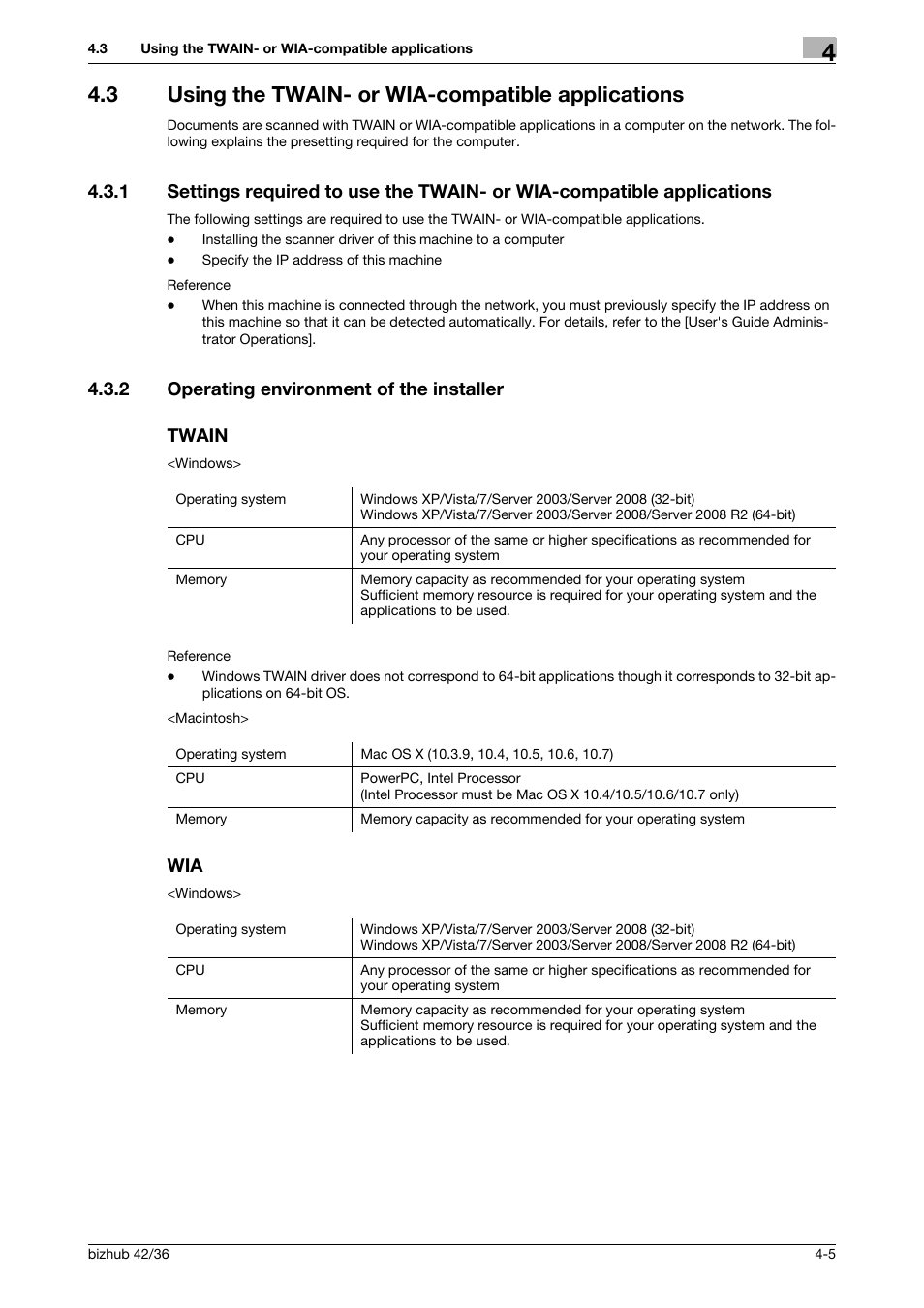 3 using the twain- or wia-compatible applications, 2 operating environment of the installer, Twain | Using the twain- or wia-compatible applications -5, 2 operating environment of the installer twain | Konica Minolta bizhub 42 User Manual | Page 32 / 158