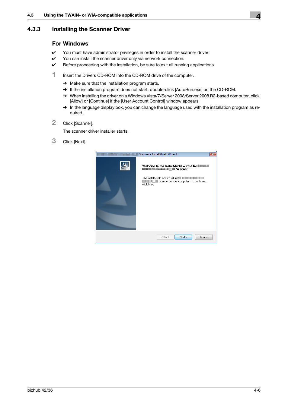 3 installing the scanner driver, For windows, Installing the scanner driver -6 for windows -6 | Konica Minolta bizhub 42 User Manual | Page 33 / 158