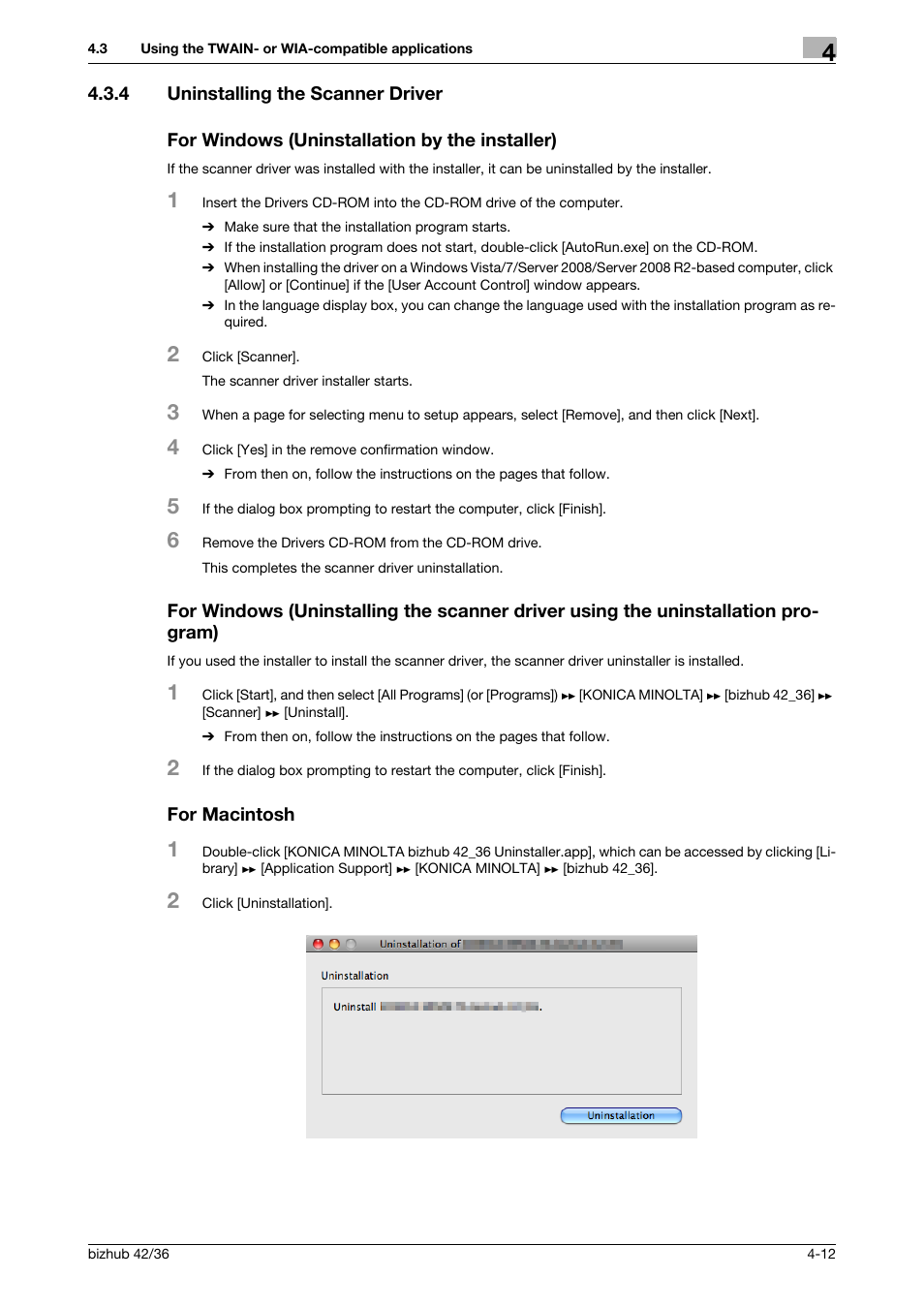 4 uninstalling the scanner driver, For windows (uninstallation by the installer), For macintosh | Konica Minolta bizhub 42 User Manual | Page 39 / 158