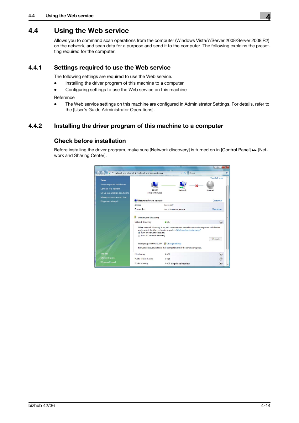 4 using the web service, 1 settings required to use the web service, Check before installation | Using the web service -14, Settings required to use the web service -14 | Konica Minolta bizhub 42 User Manual | Page 41 / 158