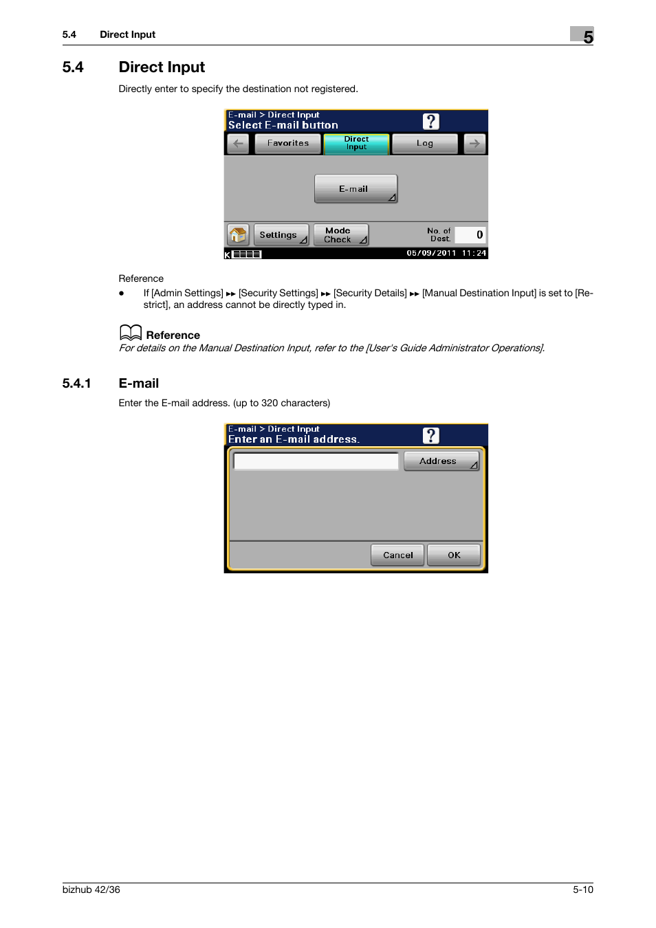 4 direct input, 1 e-mail, Direct input -10 | E-mail -10, P. 5-10), P. 5-10 | Konica Minolta bizhub 42 User Manual | Page 52 / 158