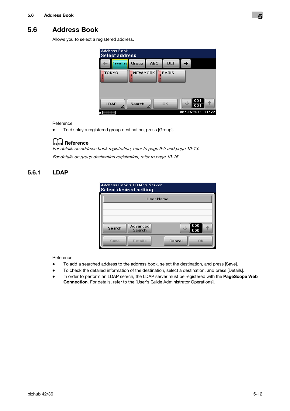 6 address book, 1 ldap, Address book -12 | Ldap -12, Ook (p. 5-12), Ch (p. 5-12), P. 5-12 | Konica Minolta bizhub 42 User Manual | Page 54 / 158